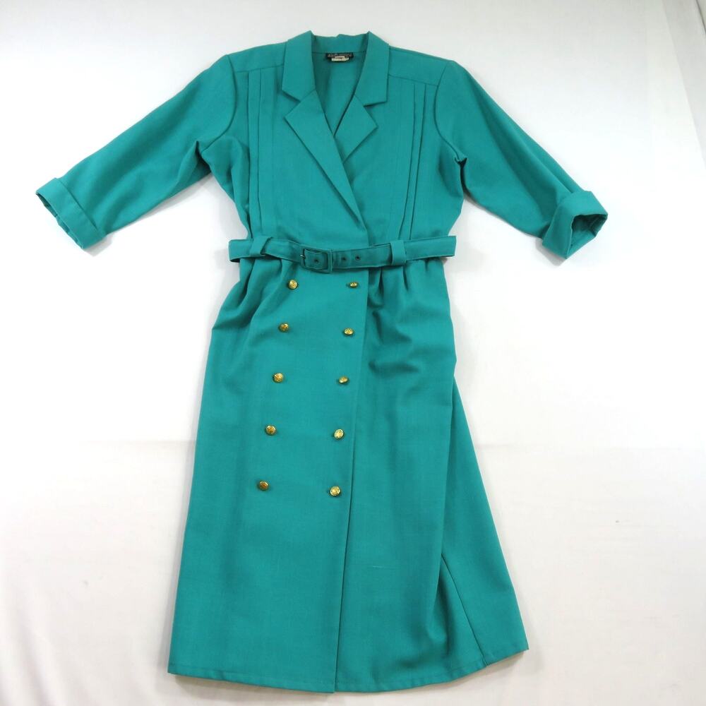 Breli Originals Union Made Shirt Dress Belted Teal Gold Buttons Collar Sz 16